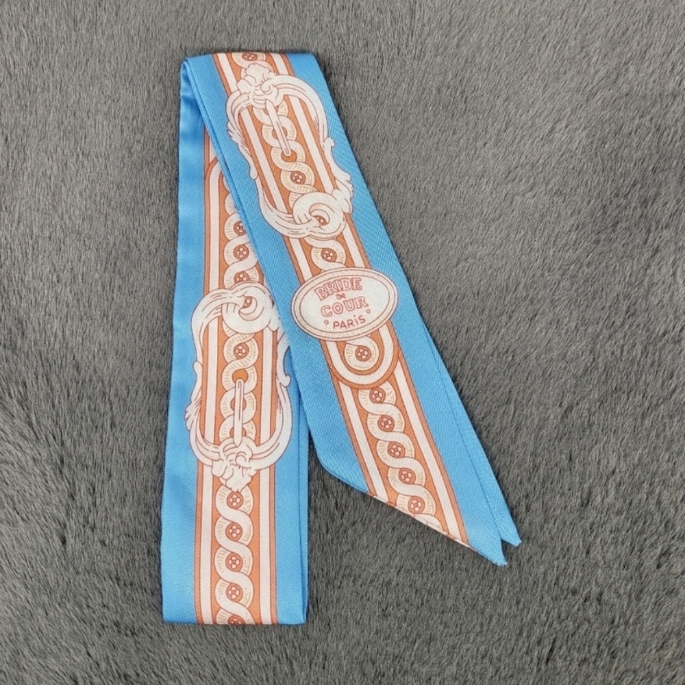 New Light Blue Print Silk Skinny Scarf Twilly